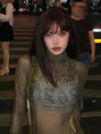 Y2K Graphic Mesh Shirts for Women Slim Fit Transparent Style in Grunge Look