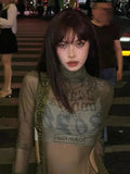Y2K Graphic Mesh Shirts for Women Slim Fit Transparent Style in Grunge Look