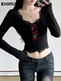 Unembellished Design Bow Lace Trim Cropped T-Shirt in Gothic Style