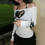 Y2K Aesthetic Heart Cutout Long Sleeve Top with Ruffles and Bandages