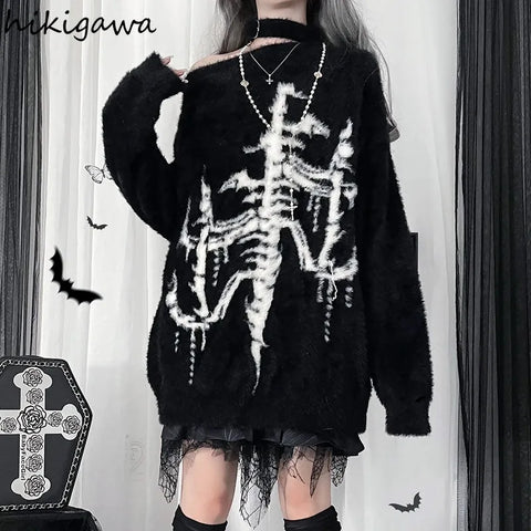 Oversized Gothic Pullover for Women with Off-Shoulder and Skeleton Print