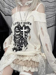 White Gothic Sweater with Skeleton Design Off-Shoulder Style