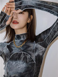 Tie-Dye E-girl Gray Black Turtleneck Women's Top Long Sleeves