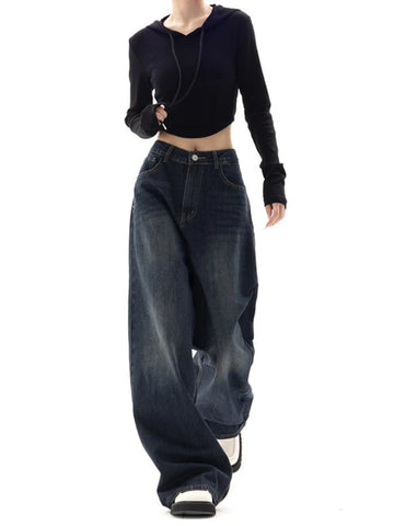 Cool dark blue oversized baggy jeans for a casual Y2K style