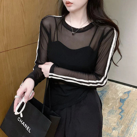 Y2K Transparent Shirt with Stripes in Long Sleeve for Women