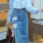 Cute ribbon-embellished denim midi skirt for gyaru style