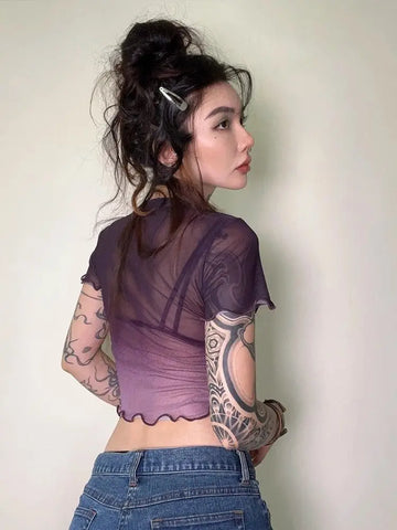 E-girl crop top in purple with mesh and floral print