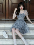 Magical Kawaii Lolita Summer Dress with Puff Sleeves in Gray