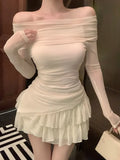 Y2K Kawaii Two-Piece Outfit: Crop Top & Ruffle Skirt in Cream