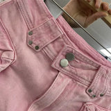 Pink high-waist denim skirt with fringes - soft-girl style