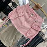 Pink high-waist denim skirt with fringes - soft-girl style