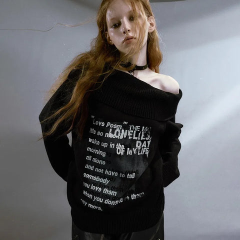 Gothic Off-Shoulder Pullover Graffiti Black and White