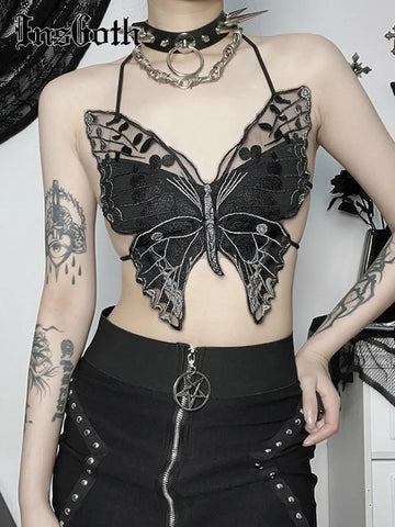 Gothic Spitzen-Crop-Top im Schmetterlingsdesign