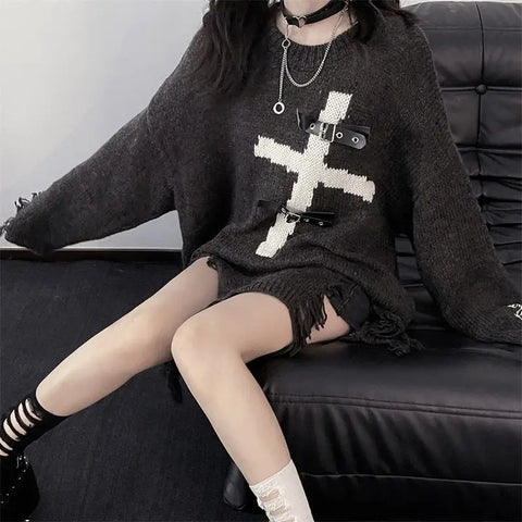 Gothic Oversize Pullover with Cross Motif Japanese Style