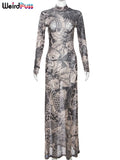 Y2K Maxikleid mit Mesh-Print und Rollkragen