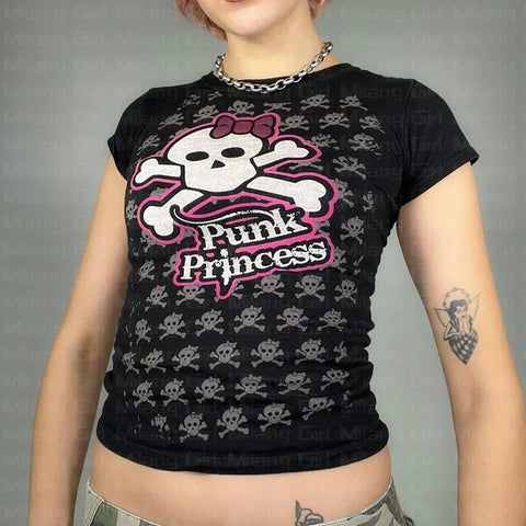 Punk Princess T-Shirt with Skull Print Emo