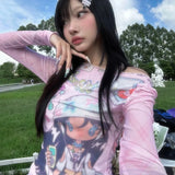 Japanese Anime Print Mesh Tops Kawaii Style