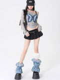 Off Shoulder Patchwork Denim Top with Bow Fairycore Style