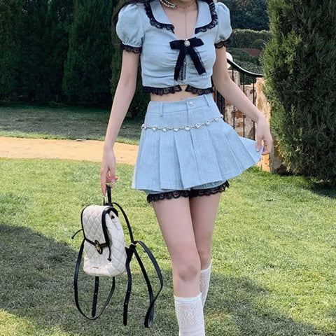 Lolita Crop Top and Mini Skirt Set with Peter Pan Collar and Bow