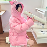 Kawaii Soft-Girl Cotton Jacket with Cat Ears and Zipper