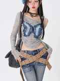 Off Shoulder Patchwork Denim Top with Bow Fairycore Style