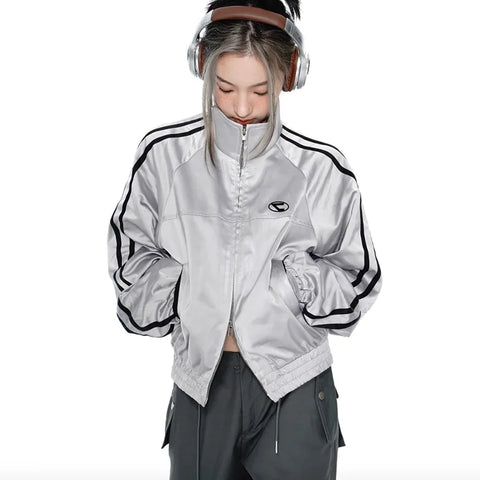 Cyber Y2K Silver Jacket with Double Zipper