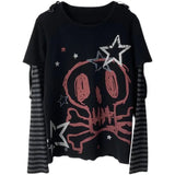 Emo Aesthetic Longsleeve T-Shirt with Skull and Stripe