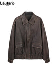 Retro Oversize Faux Leather Jacket in Distressed Look for a Grungy Touch