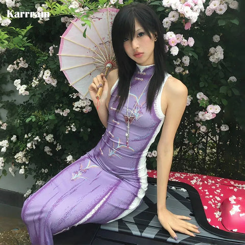 Lila Harajuku Maxi Dress in Y2K Style with Body Emphasis