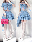 Kawaii Denim Set with Ruffles and Bows Japanese Style