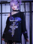 Lose Gothic Off-Shoulder T-Shirt with Cross Print and Angel Wings