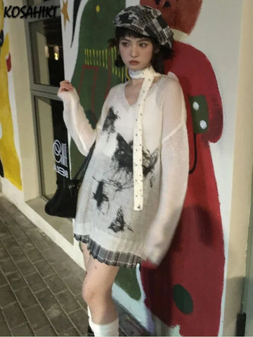 Grunge Pullover with Butterfly Print Transparent White