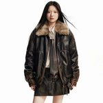 Ladies Autumn Grunge Leather Jacket with Faux Fur Collar in Vintage Look