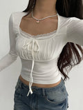 White long sleeve shirt with lacing and lace in Y2K style