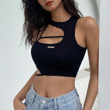 Alternativer Schwarz Damen Crop-Top mit Cut-Outs im Techwear-Stil