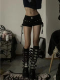 Seductive lace-up shorts in black denim look for E-Girl