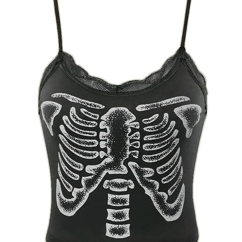 Schwarzes Gothic Crop-Top mit Skelett-Print und Spitze