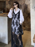 Y2K Black Floral Embroidery Layered Maxi Dress