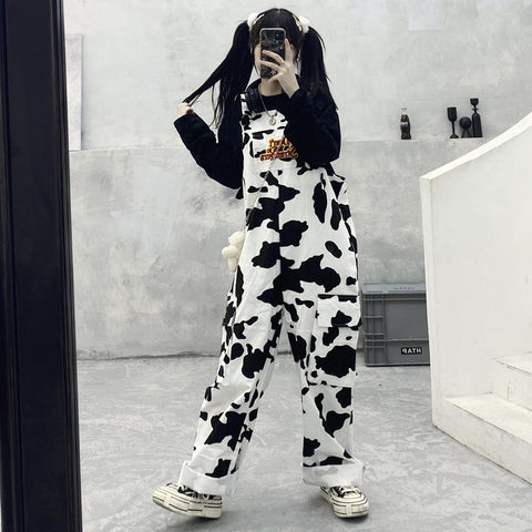 OverSize schwarz-weiß gedrucktes E-Girl Jeans-Overall Vache-Stil