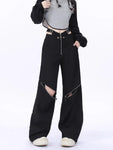 Black Y2K Cargo Pants for Women Wide Leg with Zipper Detail