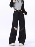 Black Y2K Cargo Pants for Women Wide Leg with Zipper Detail