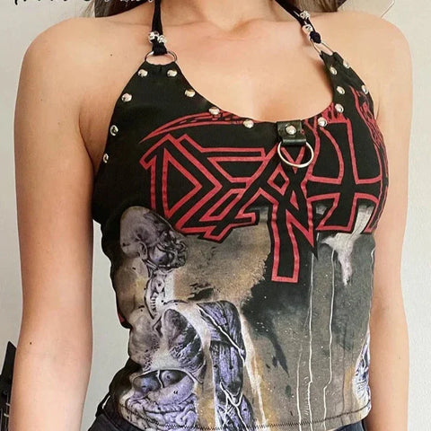 Gothic Print Crop Top mit Nieten und Verstellbaren Trägern