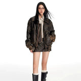 Ladies Autumn Grunge Leather Jacket with Faux Fur Collar in Vintage Look