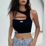 Alternativer Schwarz Damen Crop-Top mit Cut-Outs im Techwear-Stil