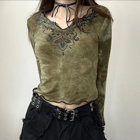 Gothic Crop Top with Flared Sleeves and Tie-Dye Pattern