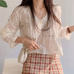 White lace blouse with V-neck &amp; trumpet sleeves in Korean style