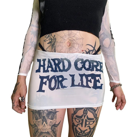 Cyber y2k Mini Skirt with Slogan "hardcore for life" Low-Waist Style for Party