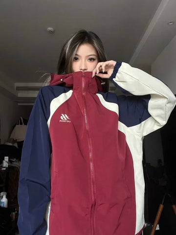 90's Retro Contrast Hoodie Jacket for Women and Fall Mod