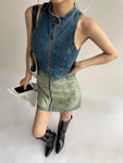 Sleeveless Grunge Denim Dress with Turtleneck and Zipper