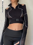 Schwarzes Gothic Crop-Top mit Schnallen und Mesh